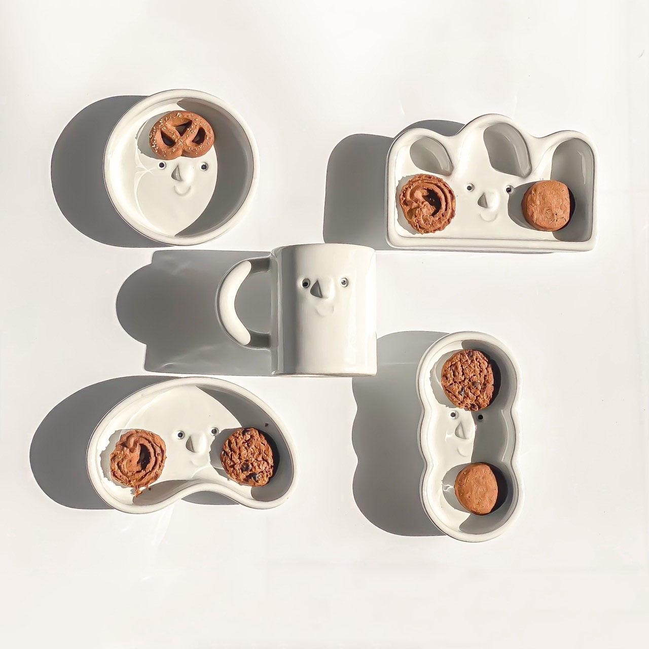   Latisha Minimalist Smiley Face Snack Plate & Mug Set  Model M-06, P-02