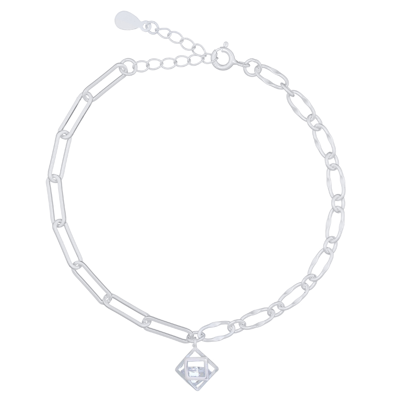 Stylish Sterling Silver Bracelet with CZ Cage Charm